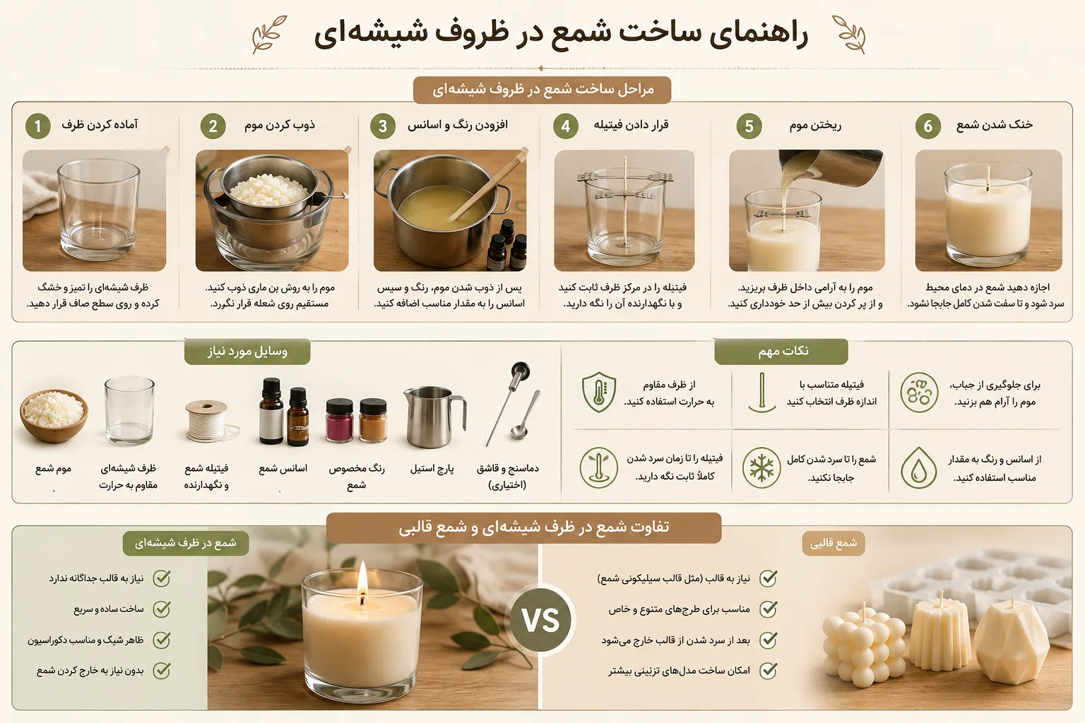 اینفوگرافیک ساخت شمع‌های در ظروف شیشه‌ای