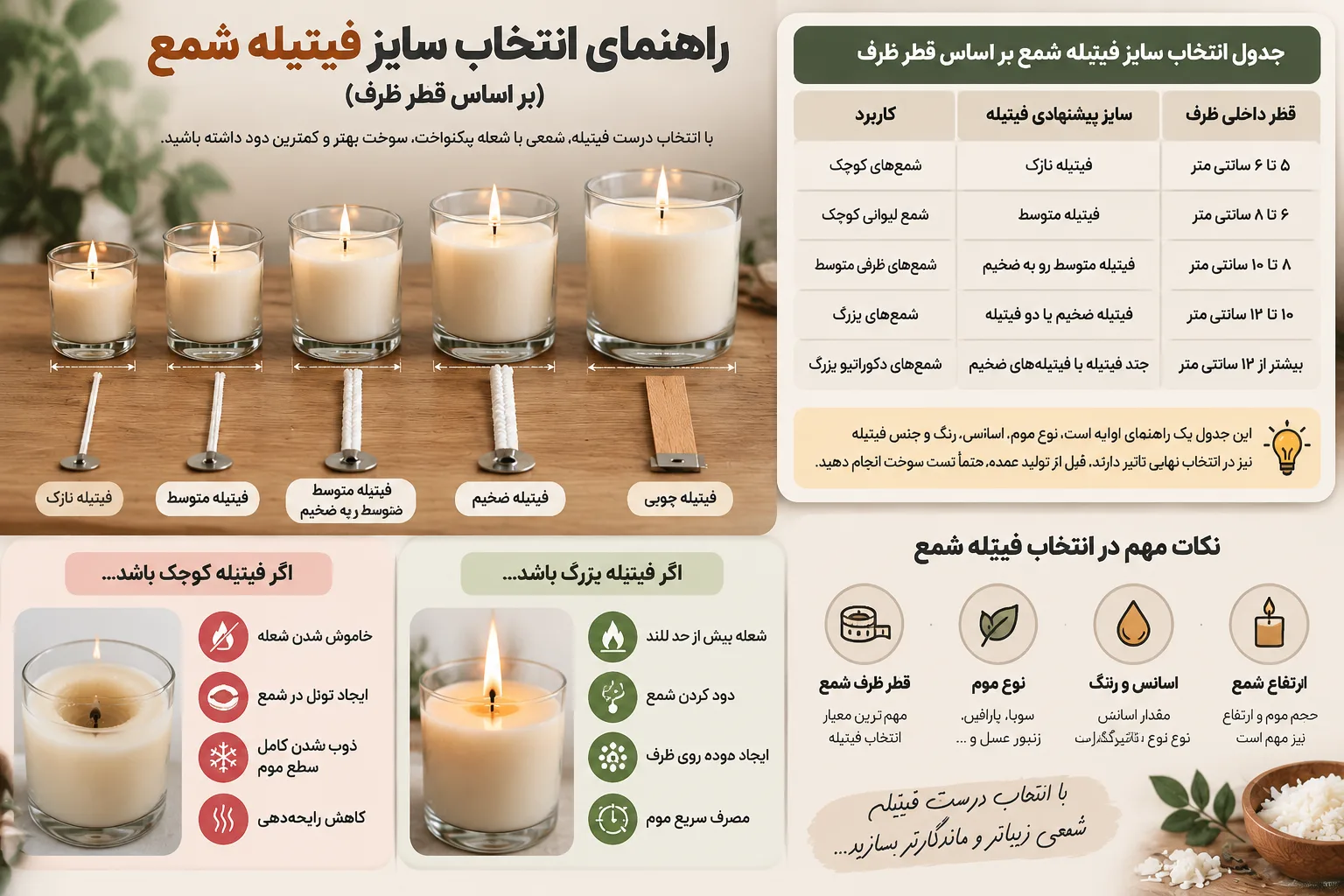 اینفوگرافیک راهنمای انتخاب سایز فیتیله شمع