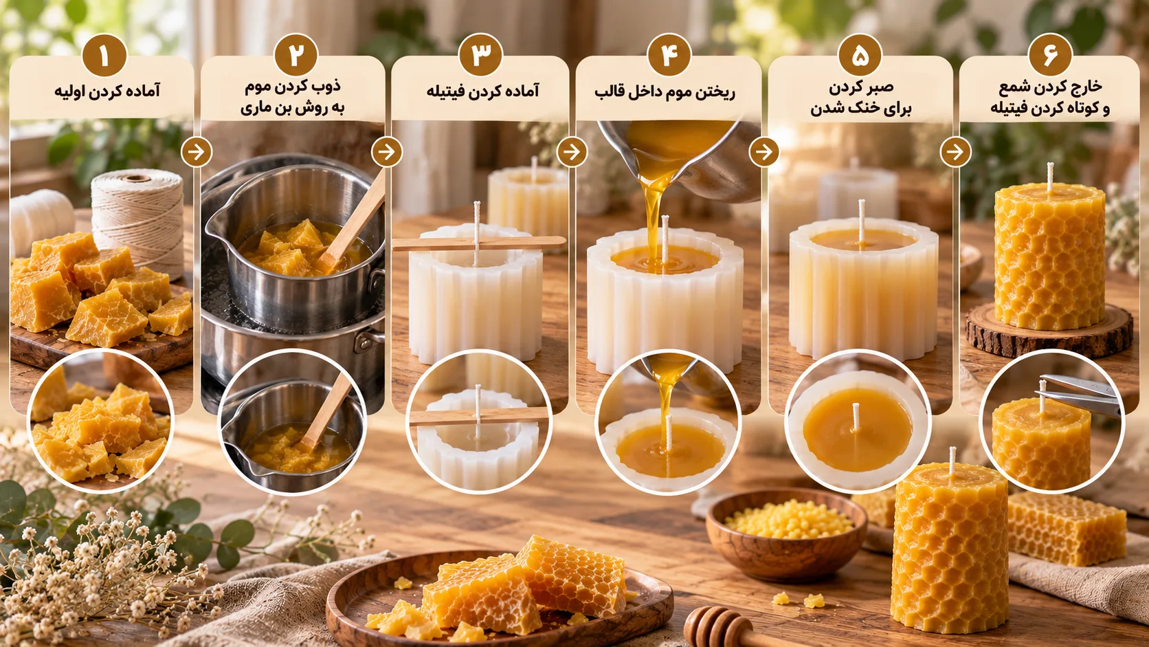 اینفوگرافیک آموزش ساخت شمع با موم عسل