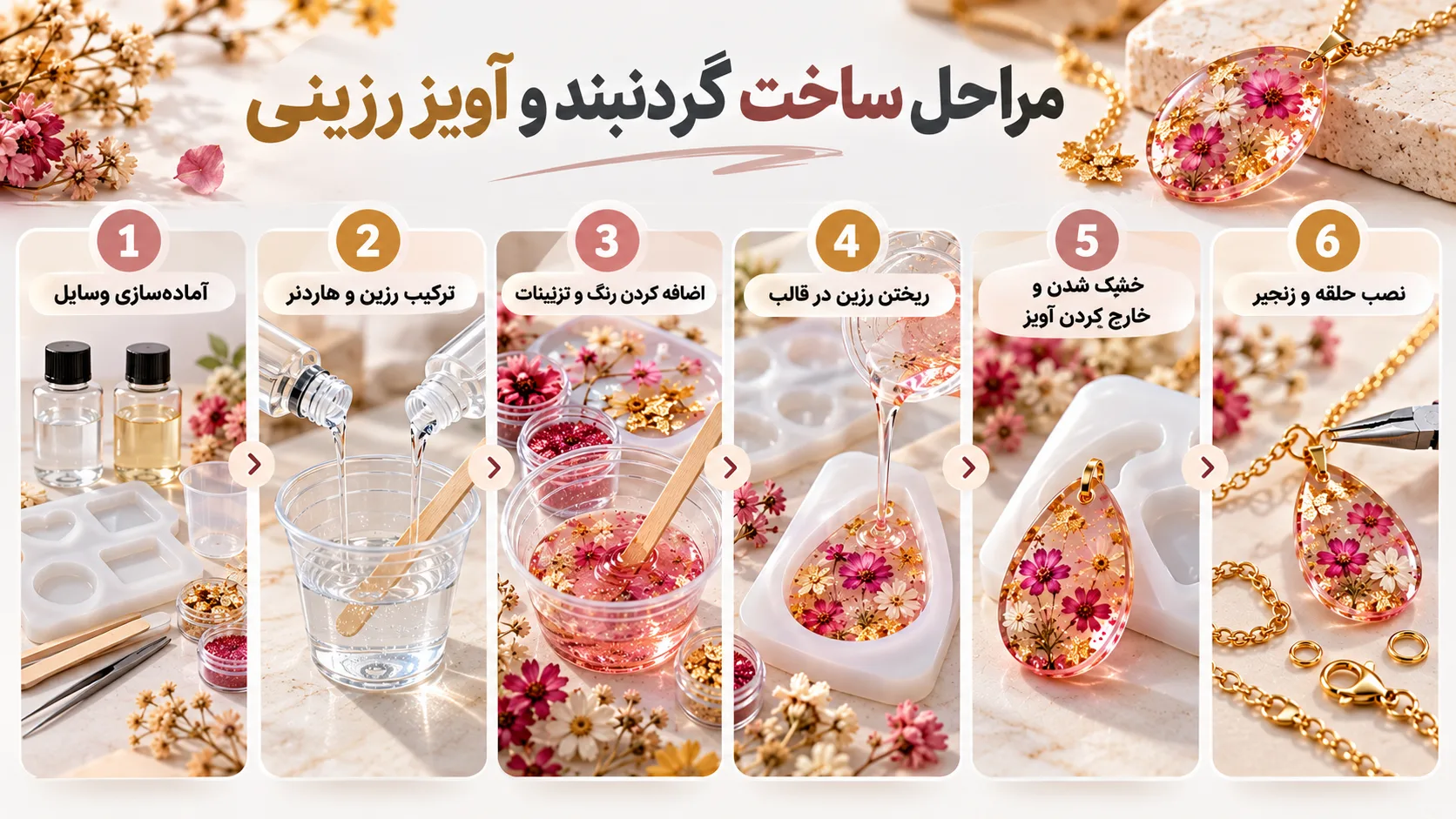 اینفوگرافیک آموزش ساخت گردنبند و آویز رزینی؛ از آمادهسازی رزین تا نصب زنجیر