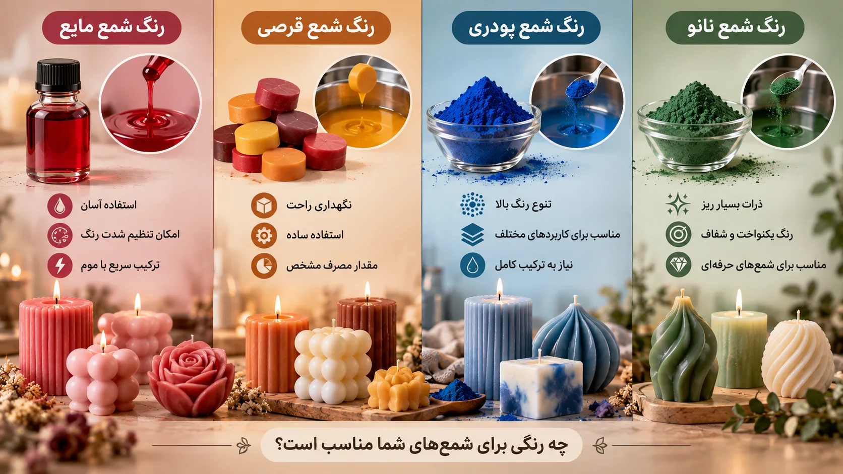 اینفوگرافیک انواع رنگ شمع؛ مایع، قرصی، پودری و نانو