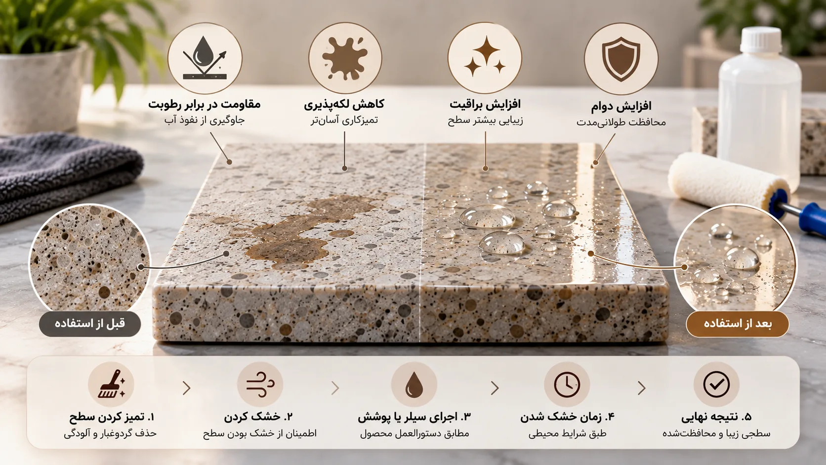 اینفوگرافیک ضدآب و براق کردن سنگ مصنوعی