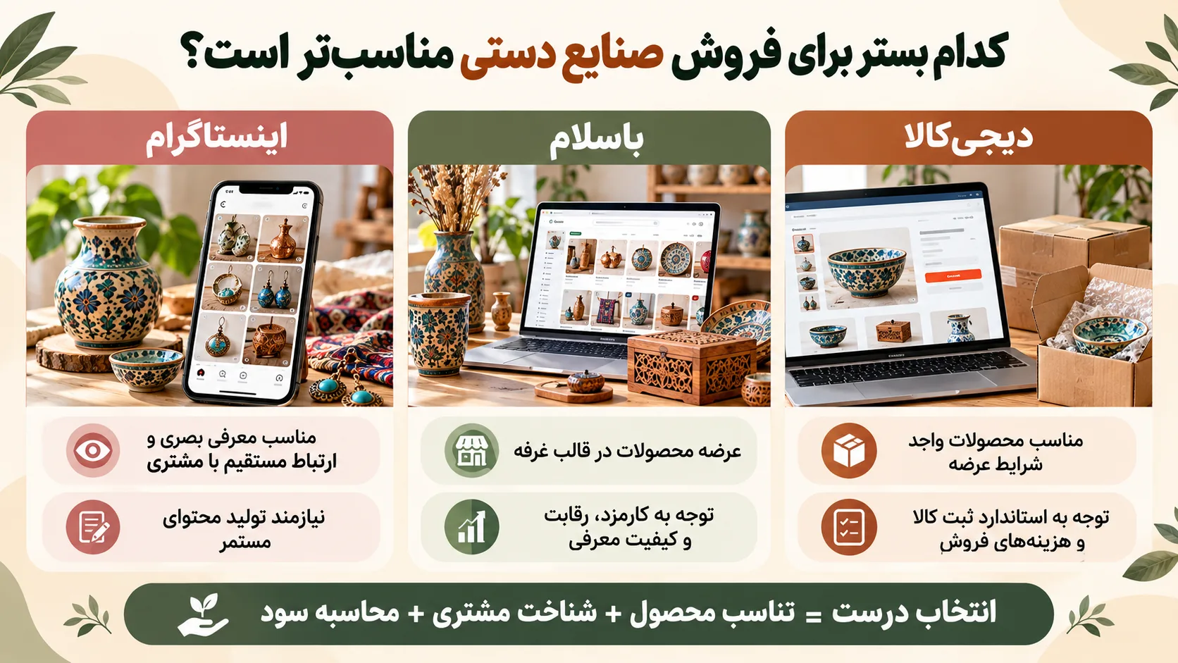 اینفوگرافیک فروش صنایع دستی در اینستاگرام، باسلام و دیجیکالا