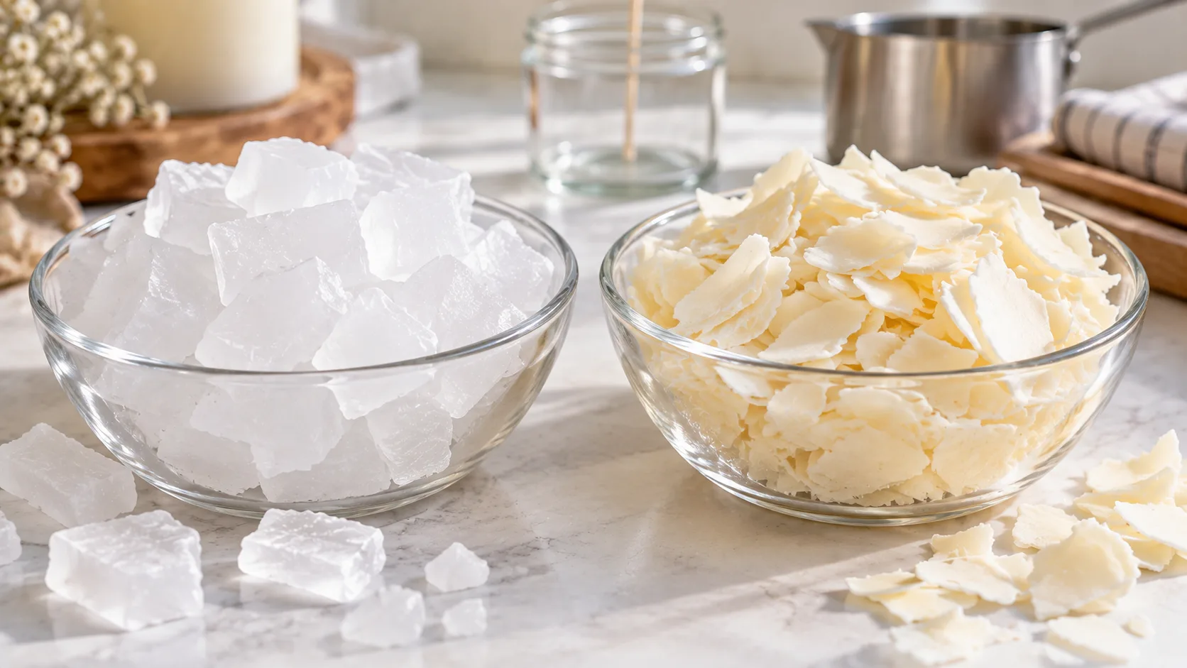 تفاوت ظاهری مواد اولیه موم سویا و پارافین